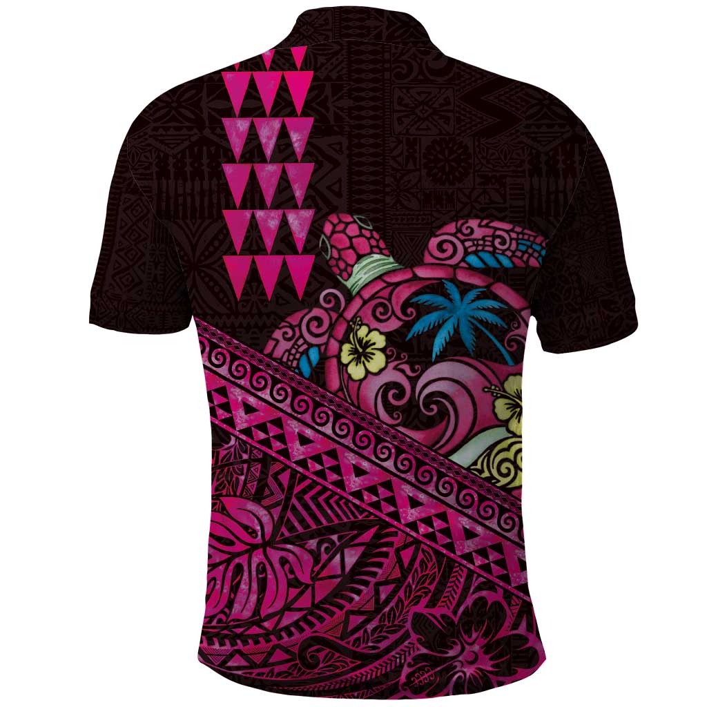 Hawaiian Abstract Sea Turtle Polo Shirt Polynesian Tapa Art and Kakau Tattoo Pink WaterColor - Polynesian Pride