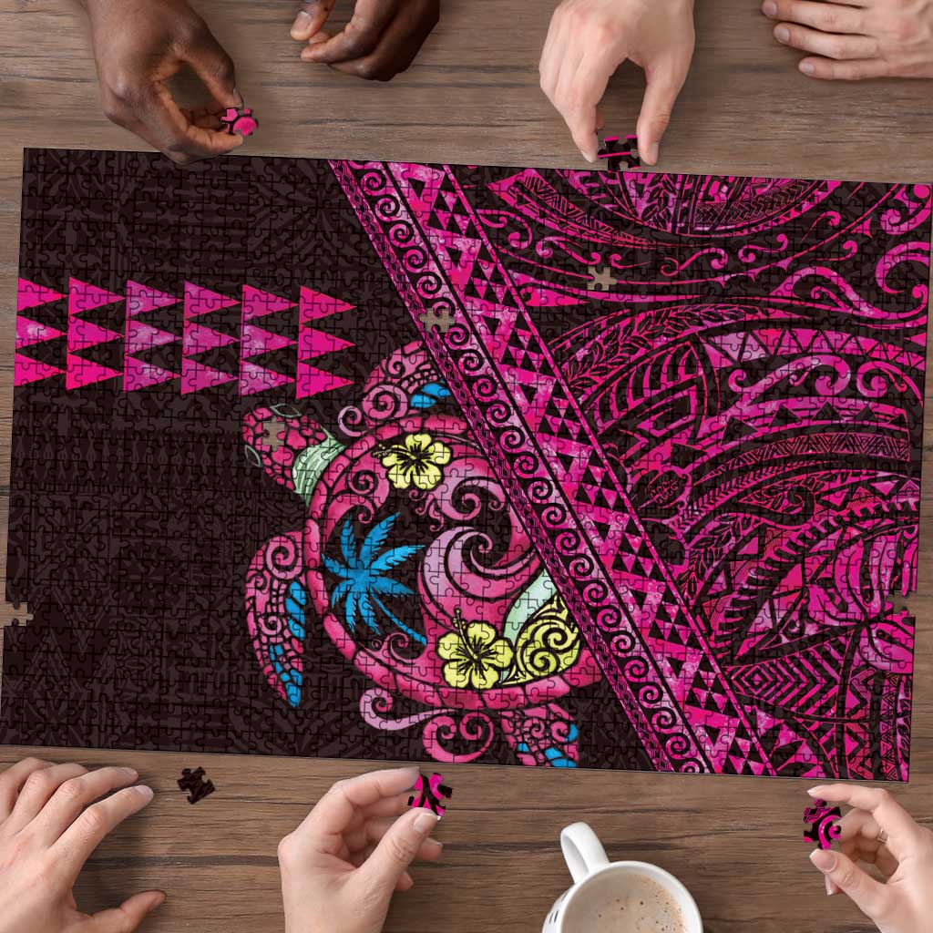 Hawaiian Abstract Sea Turtle Puzzle Polynesian Tapa Art and Kakau Tattoo Pink WaterColor - Polynesian Pride