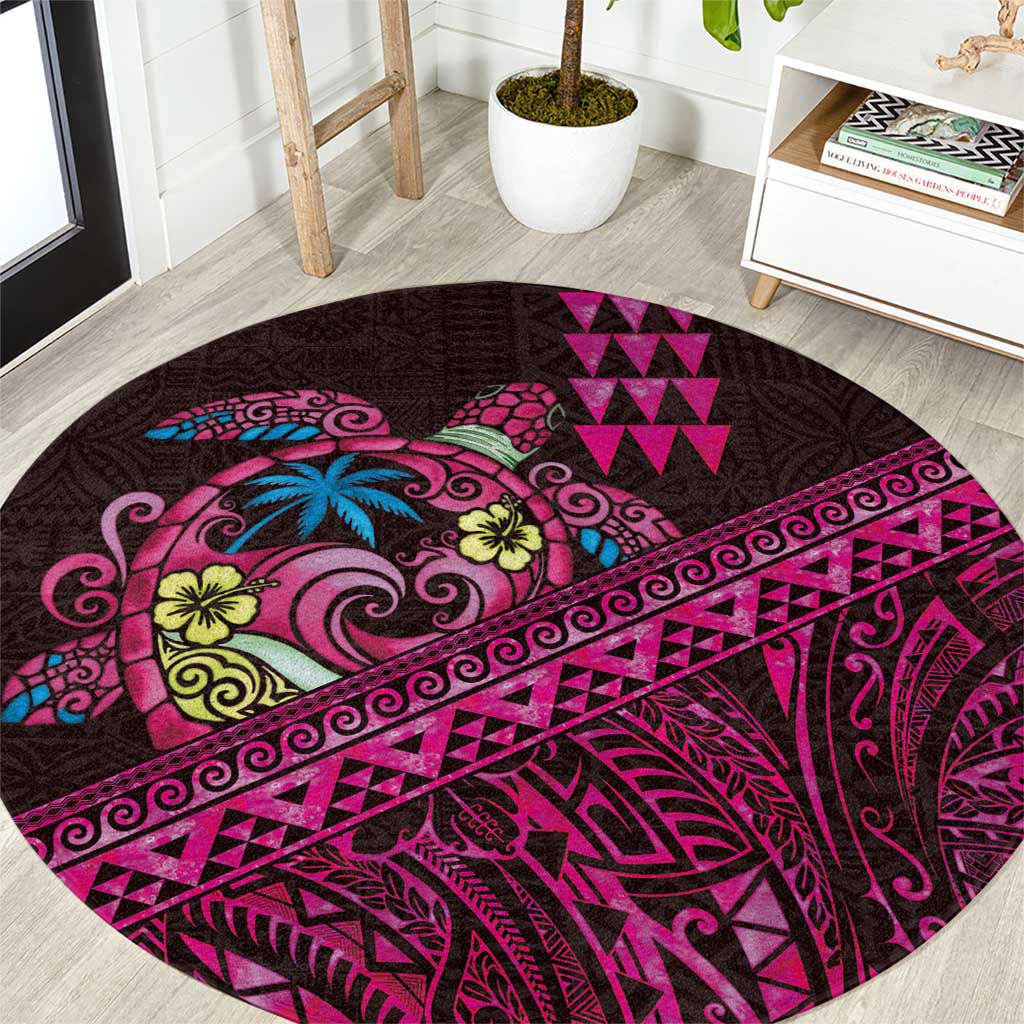 Hawaiian Abstract Sea Turtle Round Carpet Polynesian Tapa Art and Kakau Tattoo Pink WaterColor - Polynesian Pride