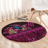 Hawaiian Abstract Sea Turtle Round Carpet Polynesian Tapa Art and Kakau Tattoo Pink WaterColor - Polynesian Pride