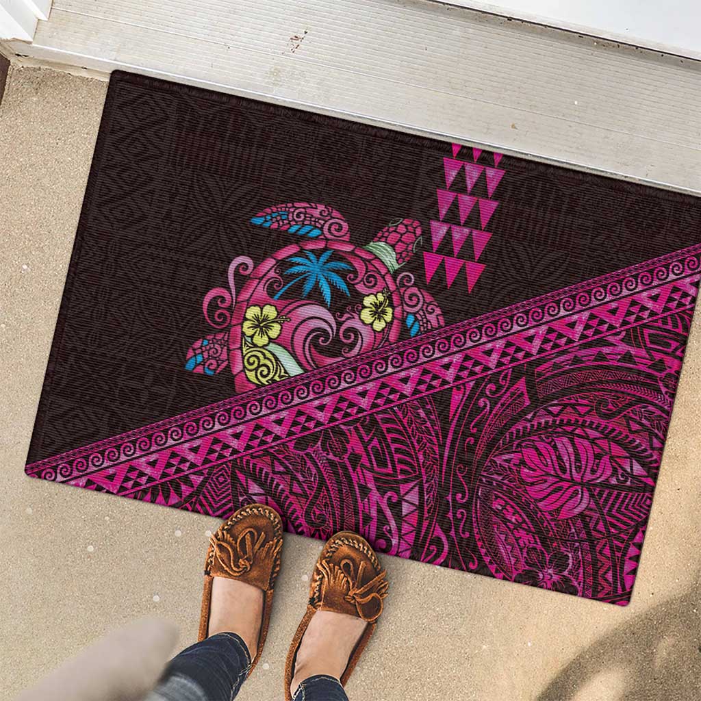 Hawaiian Abstract Sea Turtle Rubber Doormat Polynesian Tapa Art and Kakau Tattoo Pink WaterColor - Polynesian Pride