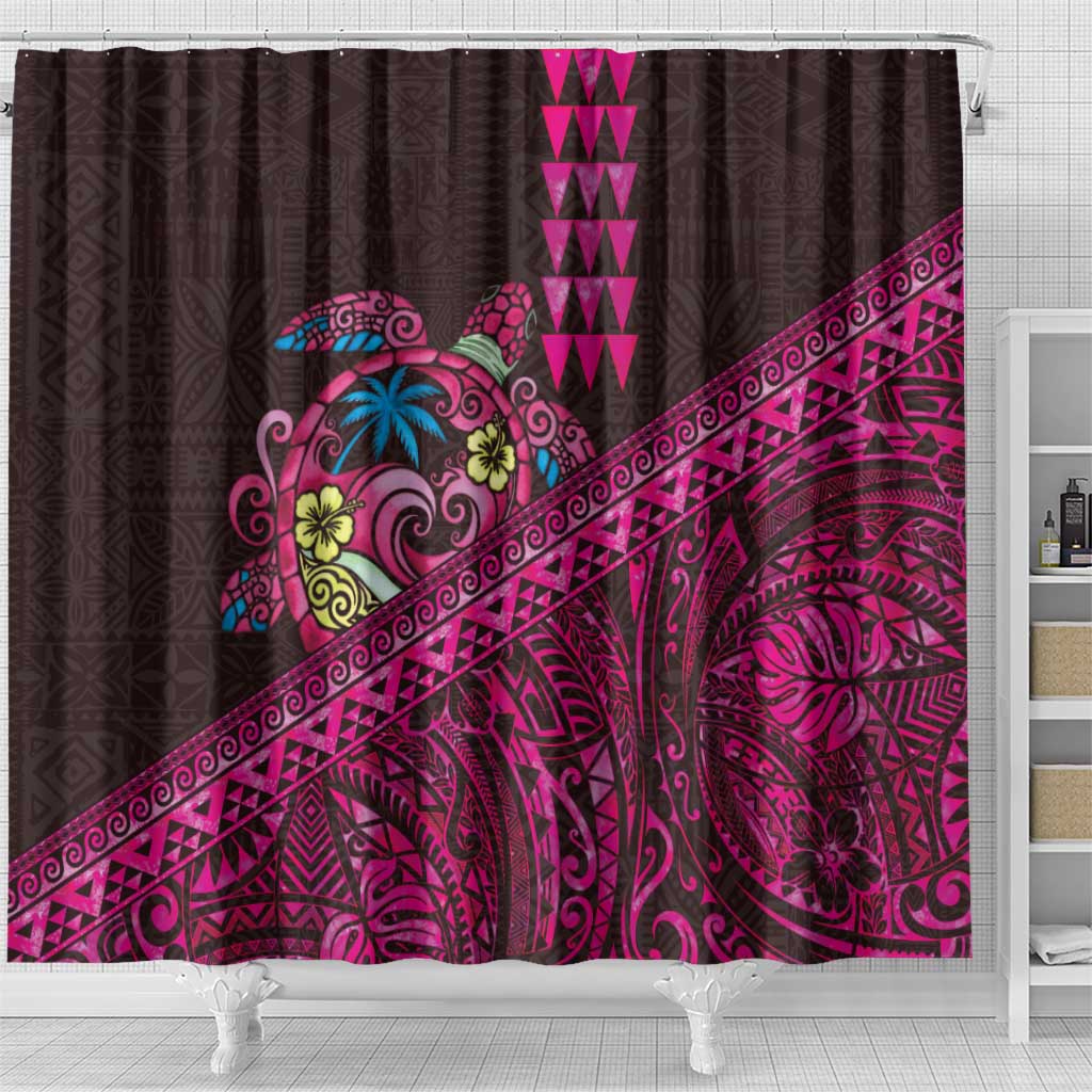 Hawaiian Abstract Sea Turtle Shower Curtain Polynesian Tapa Art and Kakau Tattoo Pink WaterColor - Polynesian Pride