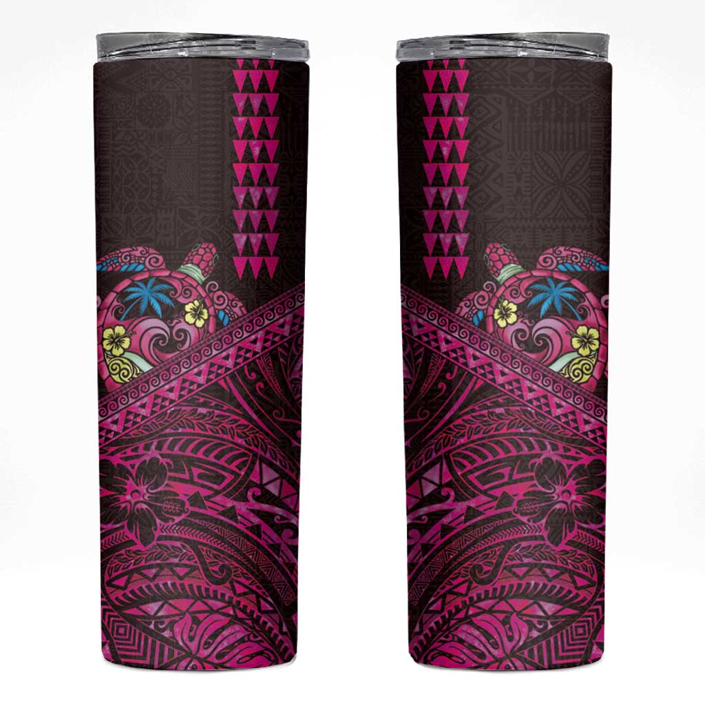 Hawaiian Abstract Sea Turtle Skinny Tumbler Polynesian Tapa Art and Kakau Tattoo Pink WaterColor - Polynesian Pride