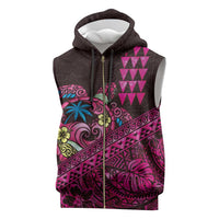Hawaiian Abstract Sea Turtle Sleeveless Zip Hoodie Polynesian Tapa Art and Kakau Tattoo Pink WaterColor - Polynesian Pride