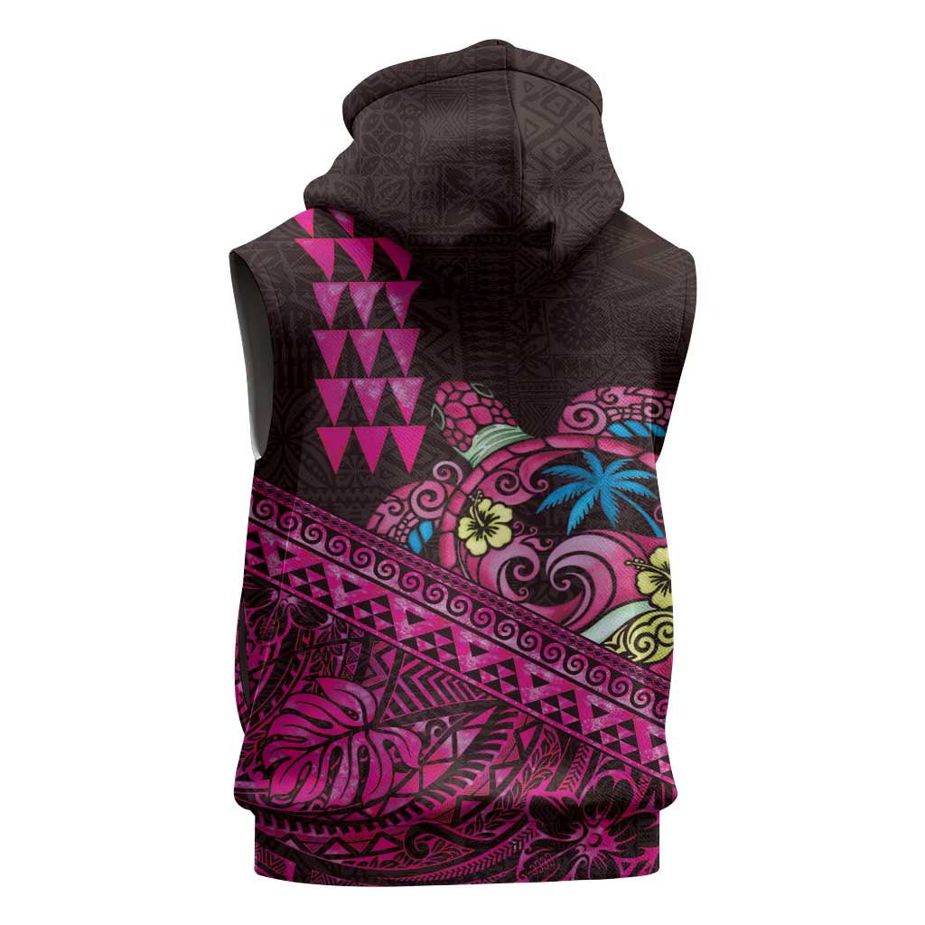 Hawaiian Abstract Sea Turtle Sleeveless Zip Hoodie Polynesian Tapa Art and Kakau Tattoo Pink WaterColor - Polynesian Pride