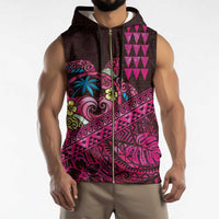 Hawaiian Abstract Sea Turtle Sleeveless Zip Hoodie Polynesian Tapa Art and Kakau Tattoo Pink WaterColor - Polynesian Pride