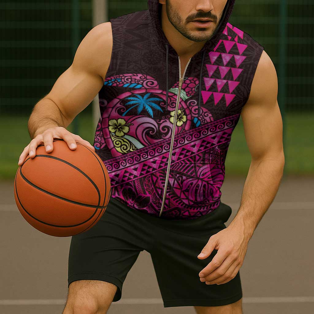 Hawaiian Abstract Sea Turtle Sleeveless Zip Hoodie Polynesian Tapa Art and Kakau Tattoo Pink WaterColor - Polynesian Pride