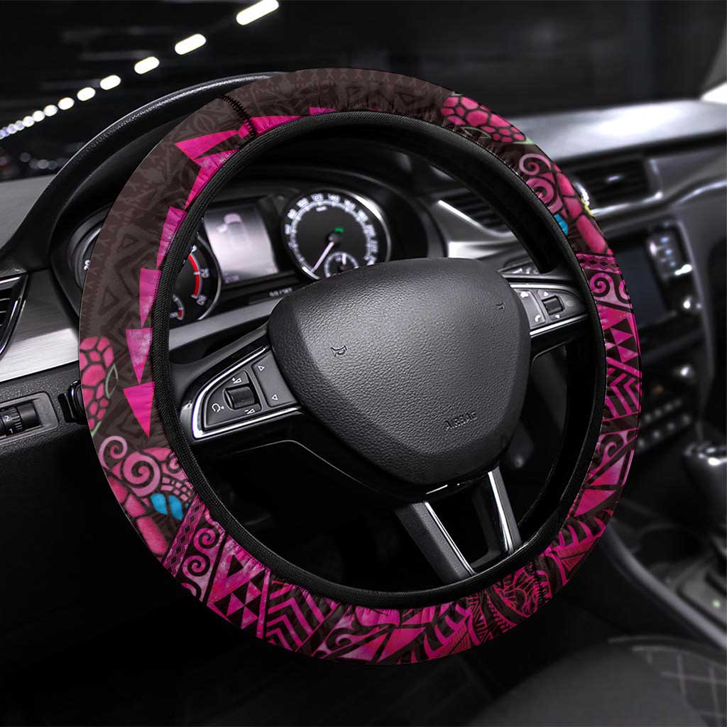 Hawaiian Abstract Sea Turtle Steering Wheel Cover Polynesian Tapa Art and Kakau Tattoo Pink WaterColor - Polynesian Pride