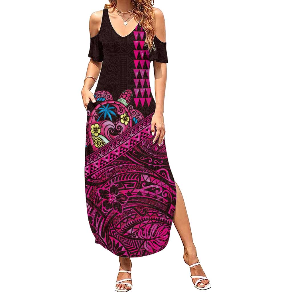 Hawaiian Abstract Sea Turtle Summer Maxi Dress Polynesian Tapa Art and Kakau Tattoo Pink WaterColor - Polynesian Pride
