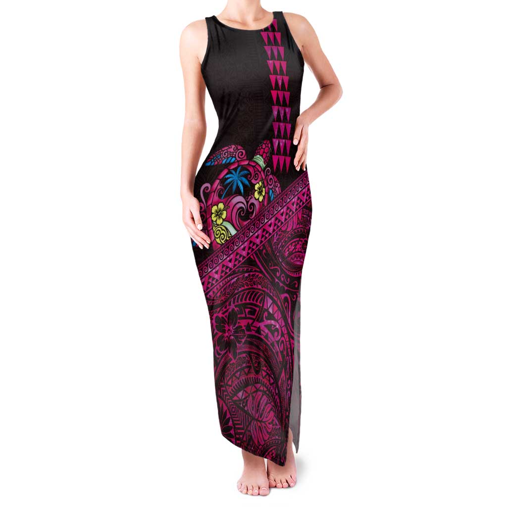 Hawaiian Abstract Sea Turtle Tank Maxi Dress Polynesian Tapa Art and Kakau Tattoo Pink WaterColor - Polynesian Pride