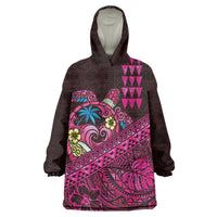 Hawaiian Abstract Sea Turtle Wearable Blanket Hoodie Polynesian Tapa Art and Kakau Tattoo Pink WaterColor - Polynesian Pride