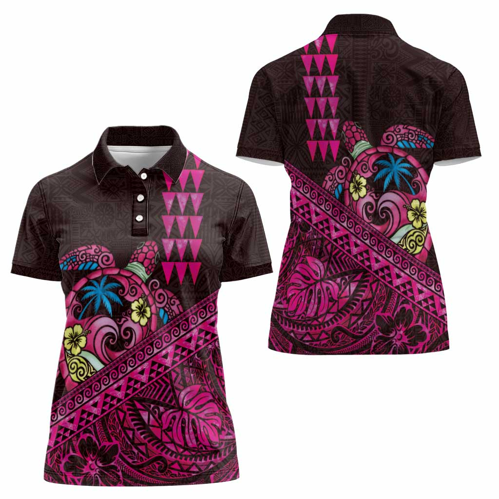 Hawaiian Abstract Sea Turtle Women Polo Shirt Polynesian Tapa Art and Kakau Tattoo Pink WaterColor - Polynesian Pride