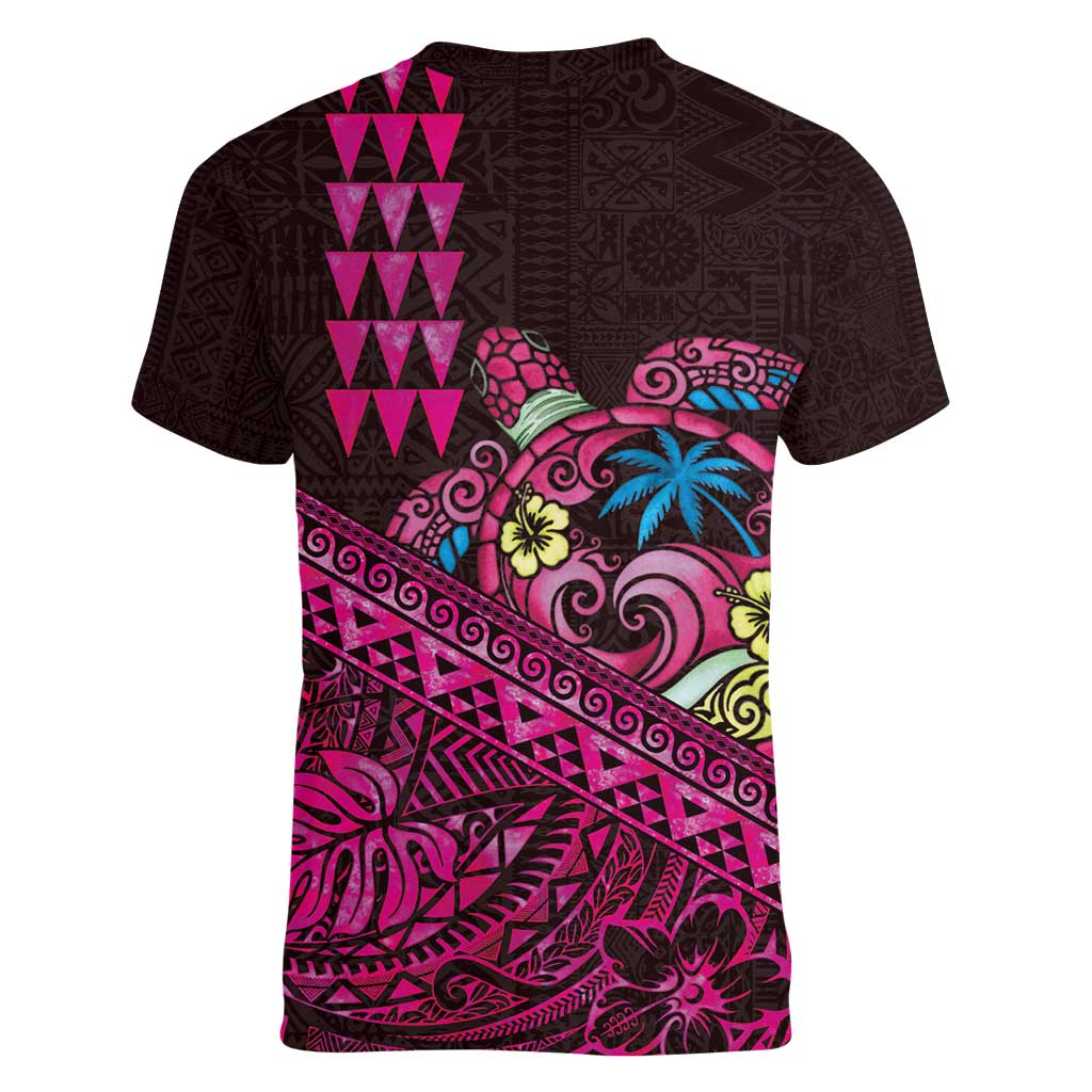 Hawaiian Abstract Sea Turtle Women V-Neck T-Shirt Polynesian Tapa Art and Kakau Tattoo Pink WaterColor - Polynesian Pride