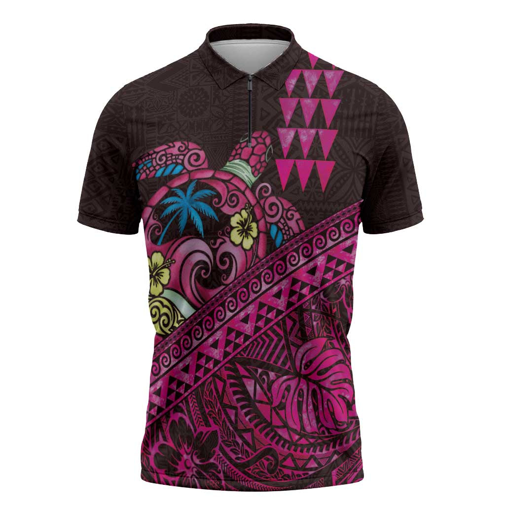 Hawaiian Abstract Sea Turtle Zipper Polo Shirt Polynesian Tapa Art and Kakau Tattoo Pink WaterColor - Polynesian Pride