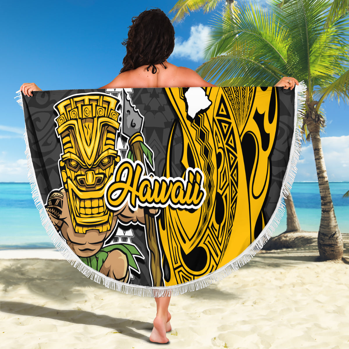 Hawaii Island Beach Blanket Hawaiian Warrior and Kakau Symbols Abstract Tattoo LT03 - Wonder Print Shop