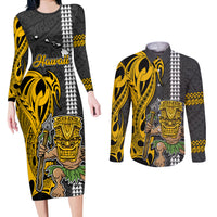 Hawaii Island Couples Matching Long Sleeve Bodycon Dress and Long Sleeve Button Shirts Hawaiian Warrior and Kakau Symbols Abstract Tattoo LT03 Yellow - Polynesian Pride