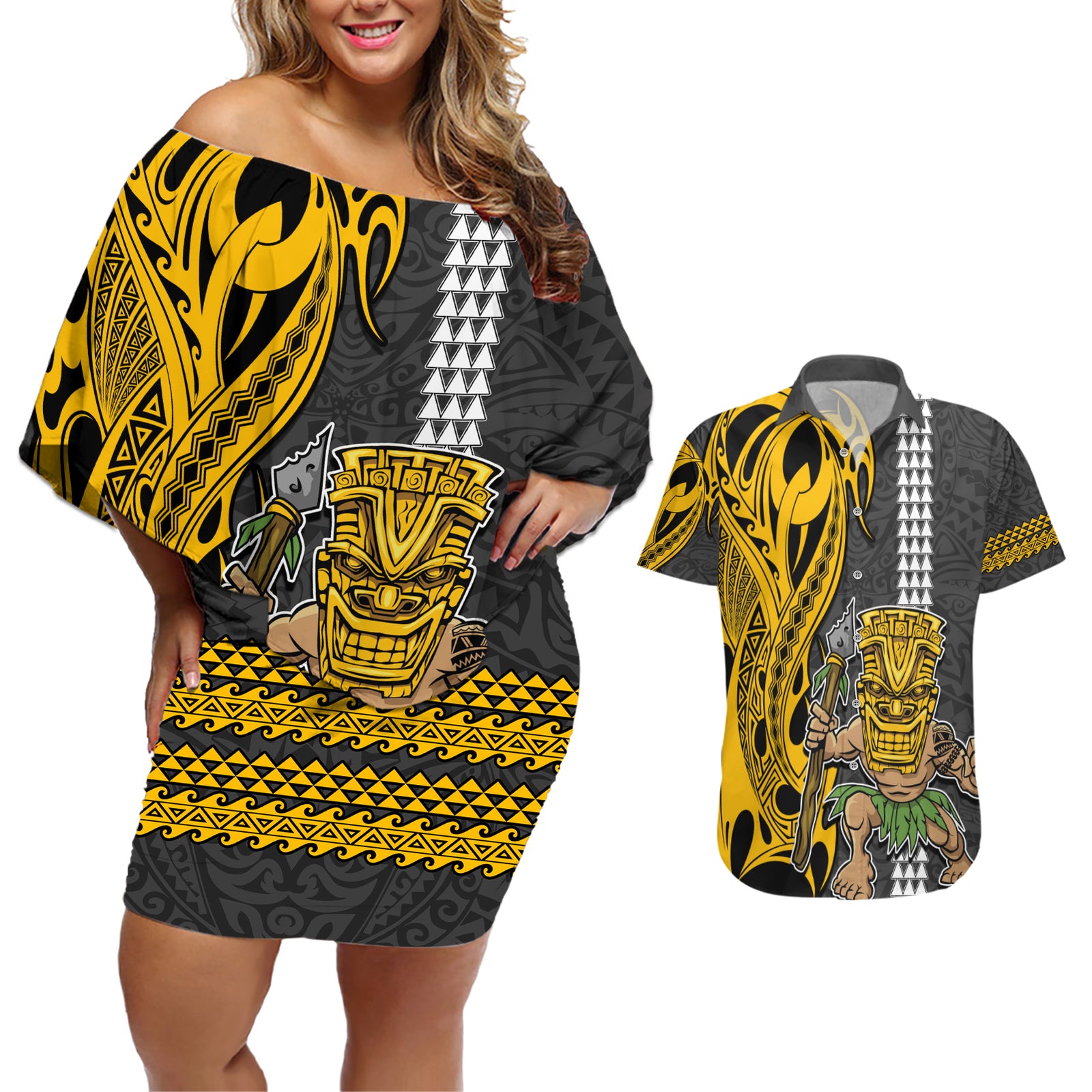 Hawaii Island Couples Matching Off Shoulder Short Dress and Hawaiian Shirt Hawaiian Warrior and Kakau Symbols Abstract Tattoo LT03 Yellow - Polynesian Pride