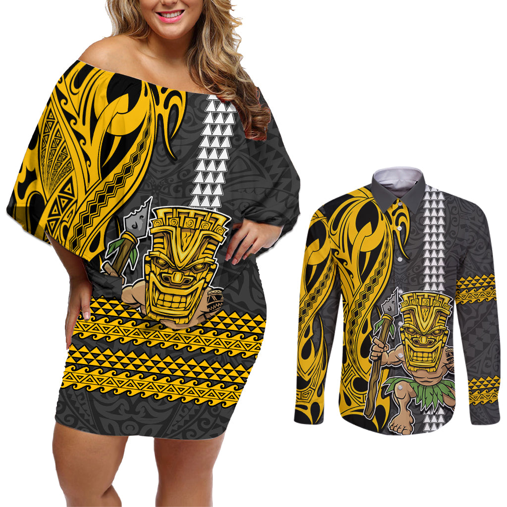 Hawaii Island Couples Matching Off Shoulder Short Dress and Long Sleeve Button Shirts Hawaiian Warrior and Kakau Symbols Abstract Tattoo LT03 Yellow - Polynesian Pride
