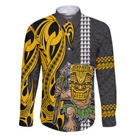 Hawaii Island Family Matching Off Shoulder Long Sleeve Dress and Hawaiian Shirt Hawaiian Warrior and Kakau Symbols Abstract Tattoo LT03 Dad's Shirt - Long Sleeve Yellow - Polynesian Pride