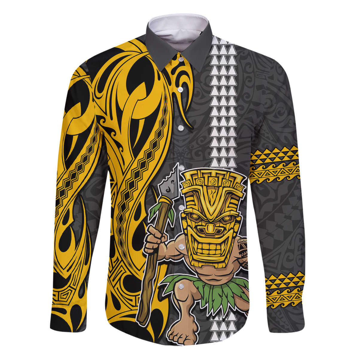 Hawaii Island Family Matching Tank Maxi Dress and Hawaiian Shirt Hawaiian Warrior and Kakau Symbols Abstract Tattoo LT03 Dad's Shirt - Long Sleeve Yellow - Polynesian Pride