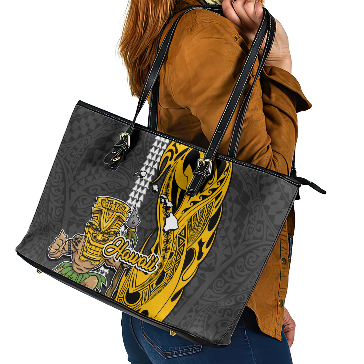 Hawaii Island Leather Tote Bag Hawaiian Warrior and Kakau Symbols Abstract Tattoo LT03 - Polynesian Pride