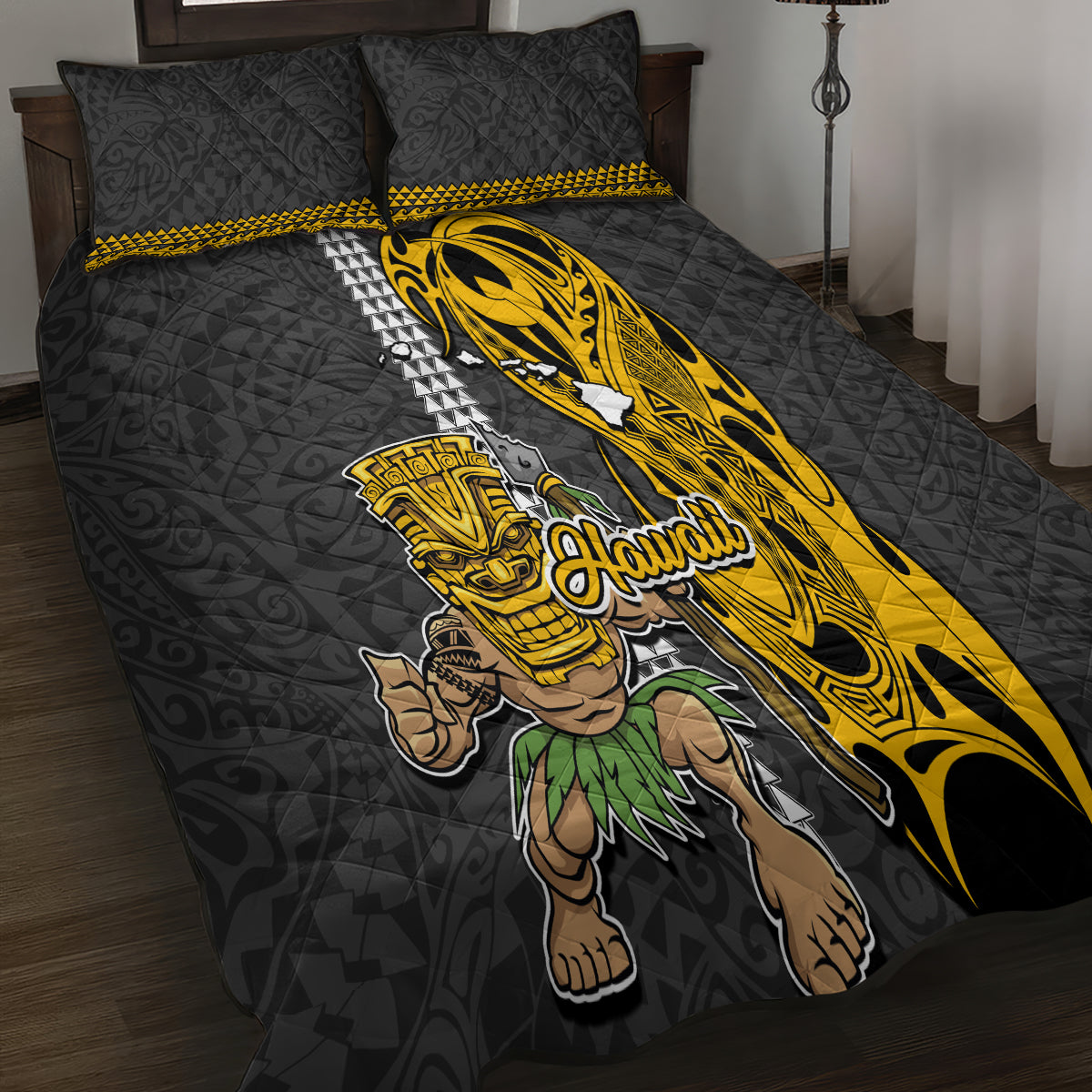 Hawaii Island Quilt Bed Set Hawaiian Warrior and Kakau Symbols Abstract Tattoo LT03 - Polynesian Pride