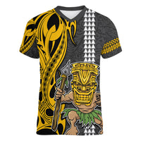 Hawaii Island Women V Neck T Shirt Hawaiian Warrior and Kakau Symbols Abstract Tattoo LT03 Female Yellow - Polynesian Pride