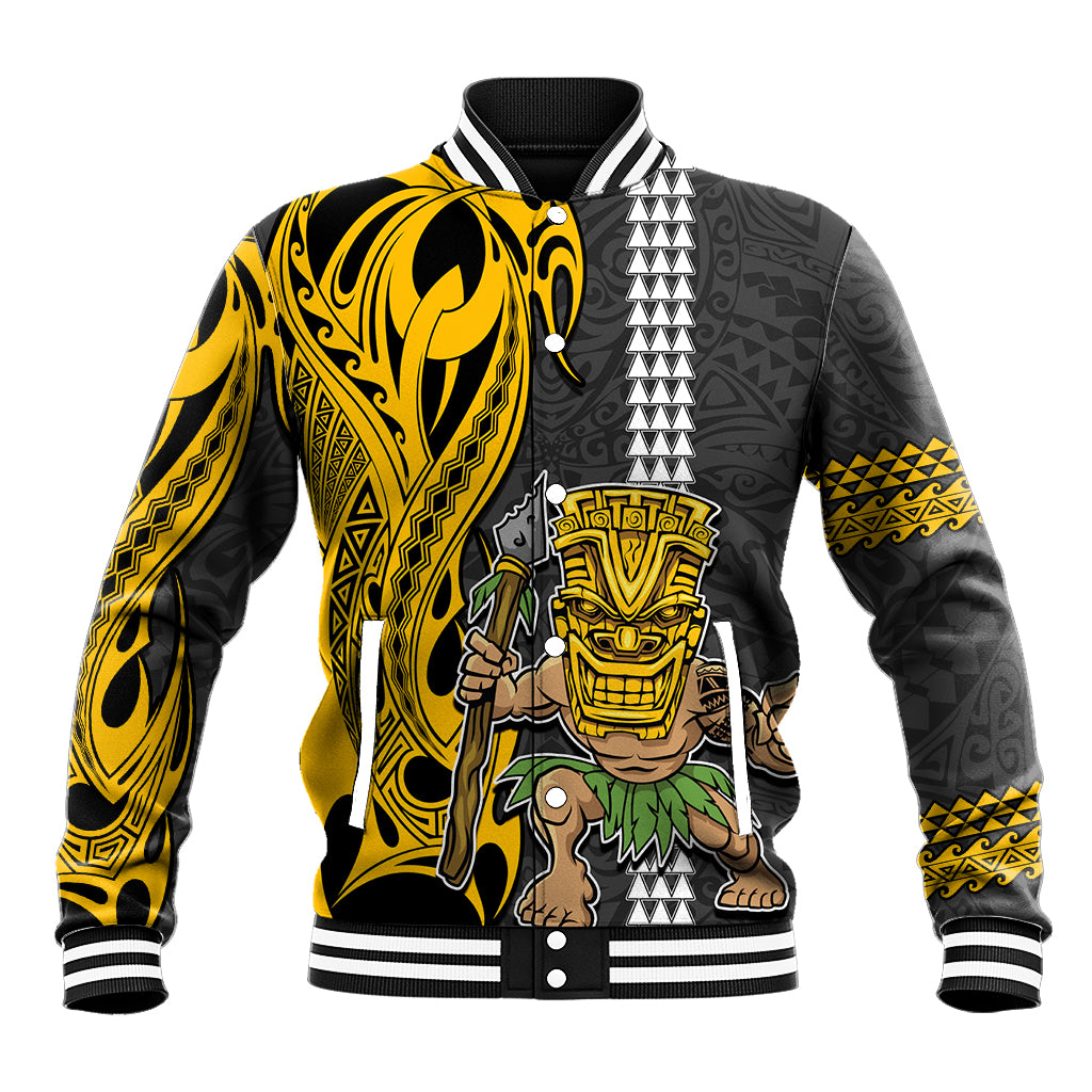 Custom Hawaii Island Baseball Jacket Hawaiian Warrior and Kakau Symbols Abstract Tattoo LT03 Unisex Yellow - Polynesian Pride
