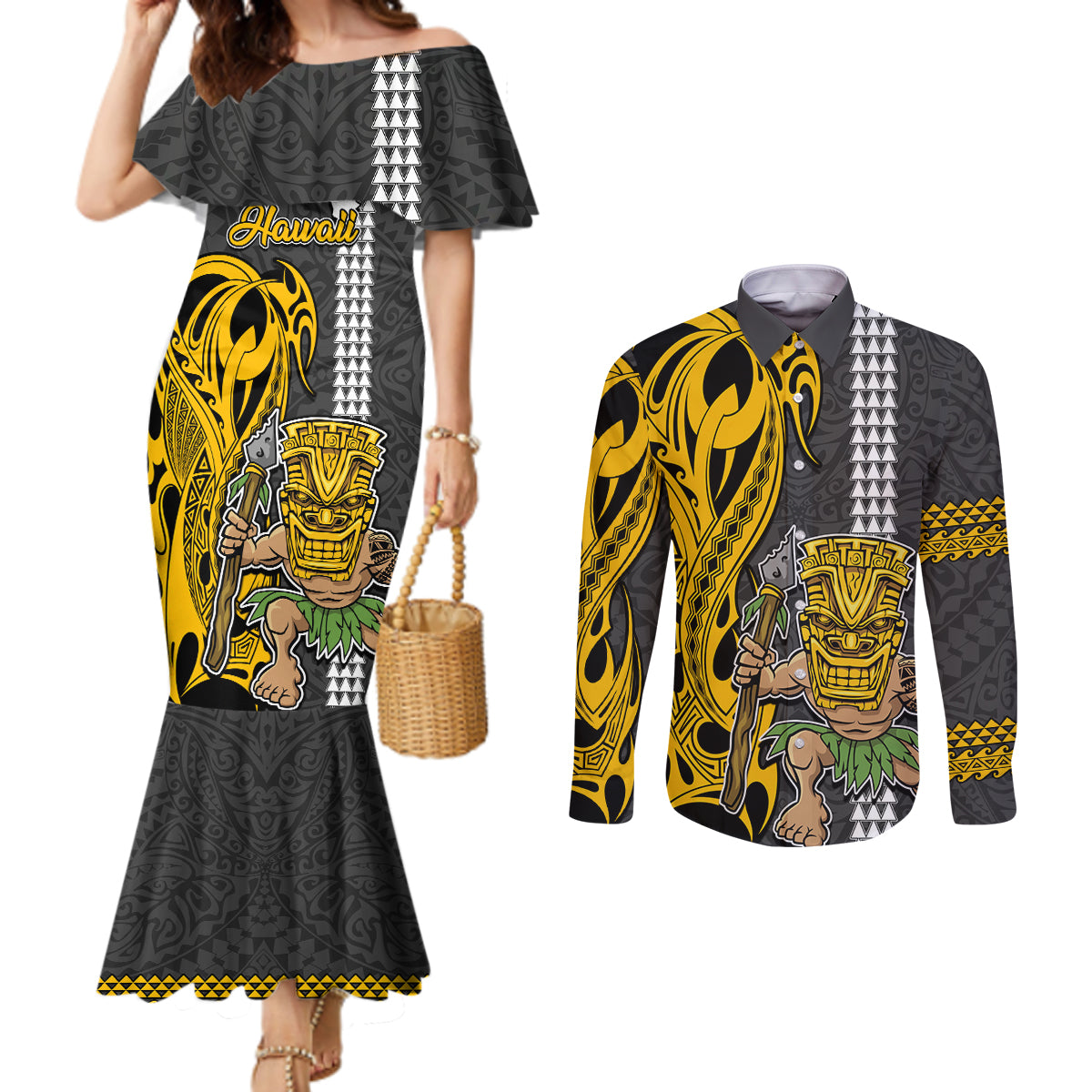 Custom Hawaii Island Couples Matching Mermaid Dress and Long Sleeve Button Shirts Hawaiian Warrior and Kakau Symbols Abstract Tattoo LT03 Yellow - Polynesian Pride