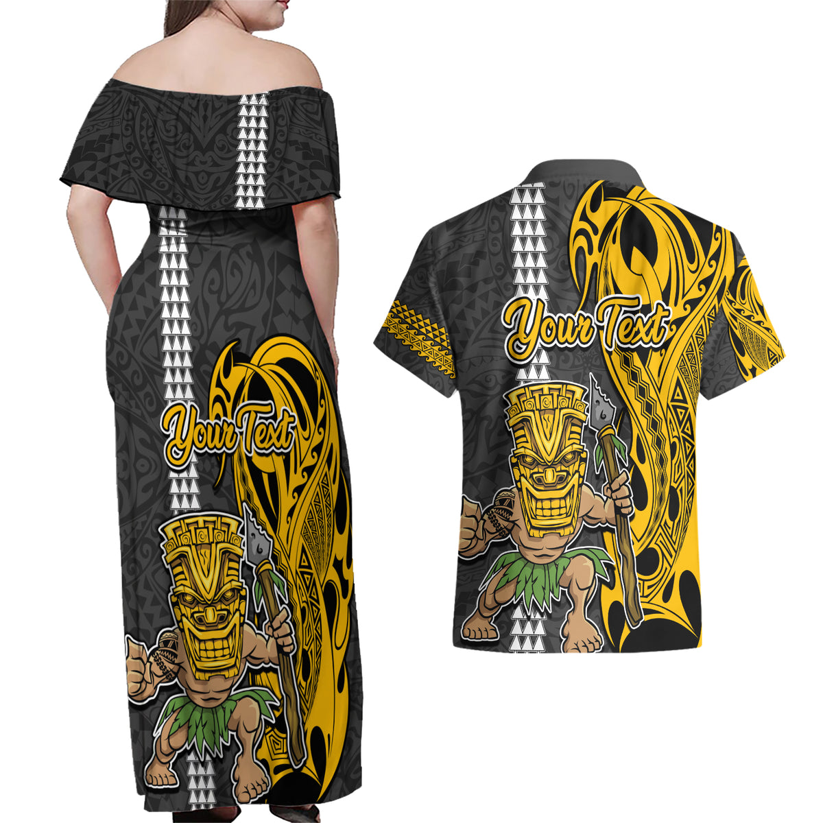 Custom Hawaii Island Couples Matching Off Shoulder Maxi Dress and Hawaiian Shirt Hawaiian Warrior and Kakau Symbols Abstract Tattoo LT03 - Polynesian Pride