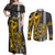 Custom Hawaii Island Couples Matching Off Shoulder Maxi Dress and Long Sleeve Button Shirts Hawaiian Warrior and Kakau Symbols Abstract Tattoo LT03 Yellow - Polynesian Pride