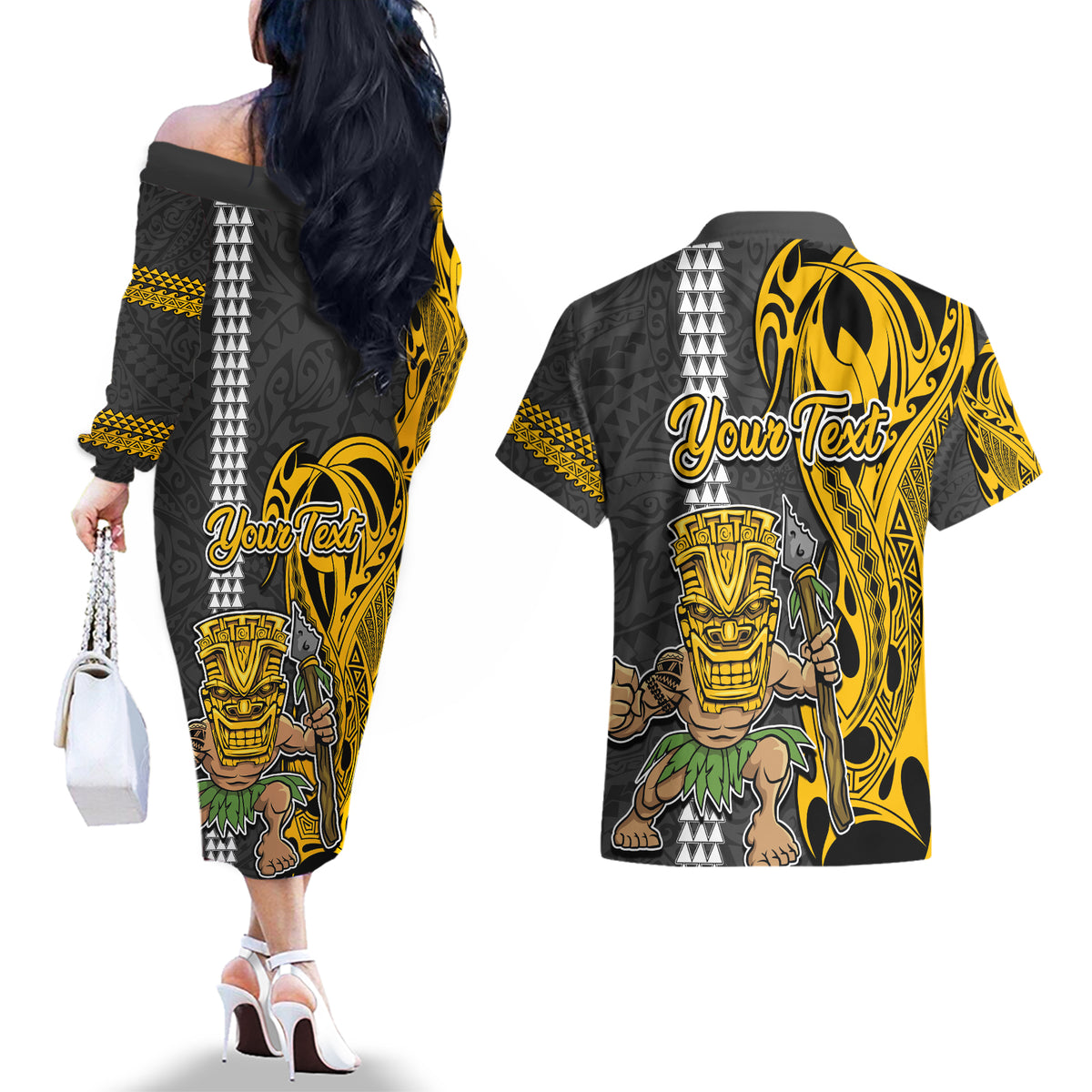 Custom Hawaii Island Couples Matching Off The Shoulder Long Sleeve Dress and Hawaiian Shirt Hawaiian Warrior and Kakau Symbols Abstract Tattoo LT03 - Polynesian Pride