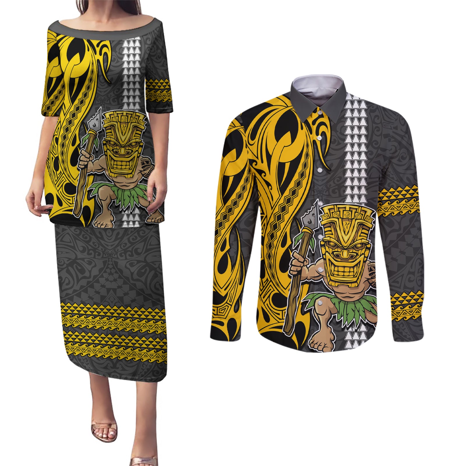 Custom Hawaii Island Couples Matching Puletasi Dress and Long Sleeve Button Shirts Hawaiian Warrior and Kakau Symbols Abstract Tattoo LT03 Yellow - Polynesian Pride