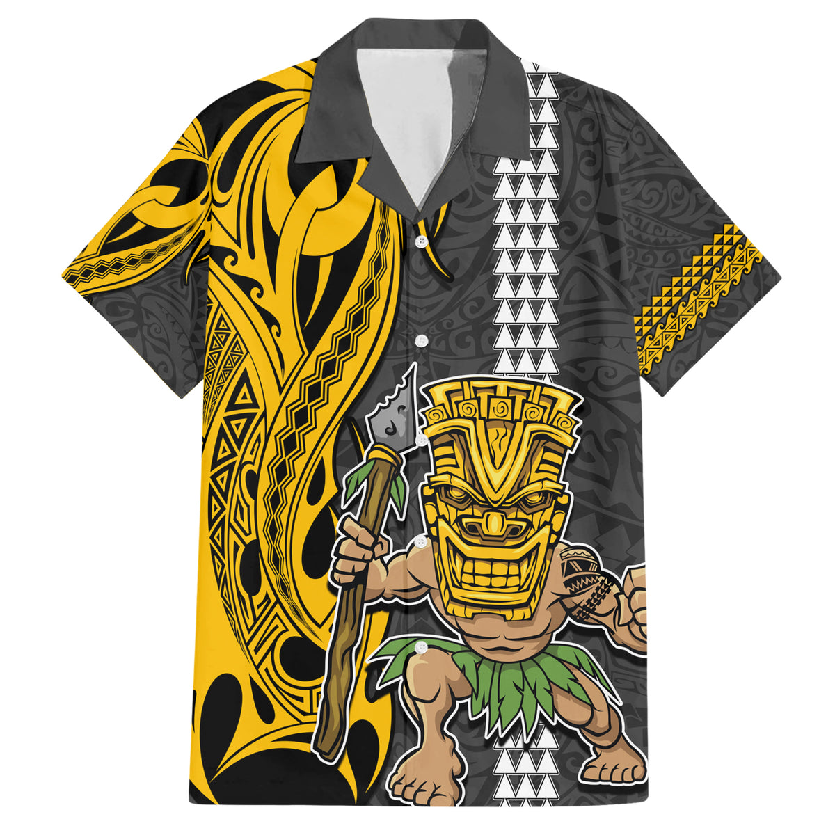 Custom Hawaii Island Family Matching Short Sleeve Bodycon Dress and Hawaiian Shirt Hawaiian Warrior and Kakau Symbols Abstract Tattoo LT03 Dad's Shirt - Short Sleeve Yellow - Polynesian Pride