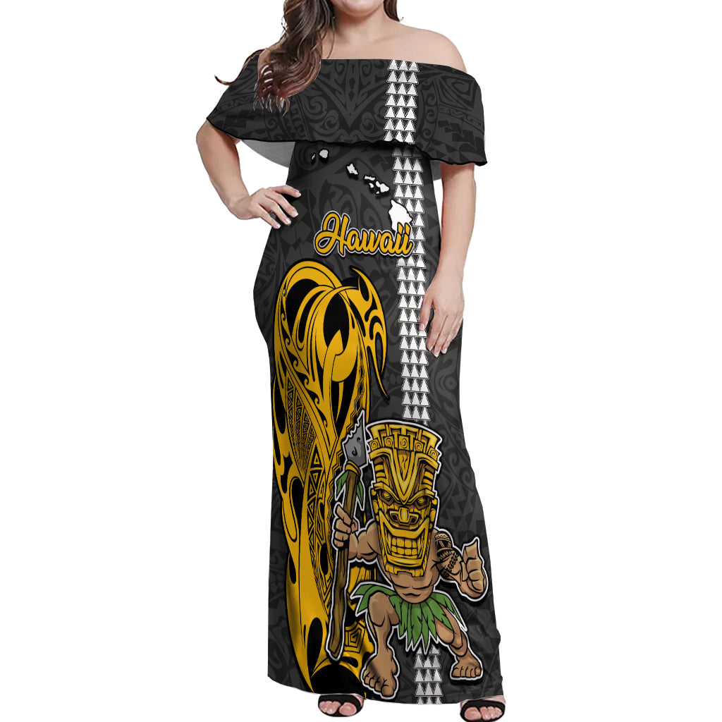 Custom Hawaii Island Off Shoulder Maxi Dress Hawaiian Warrior and Kakau Symbols Abstract Tattoo LT03 Women Yellow - Polynesian Pride