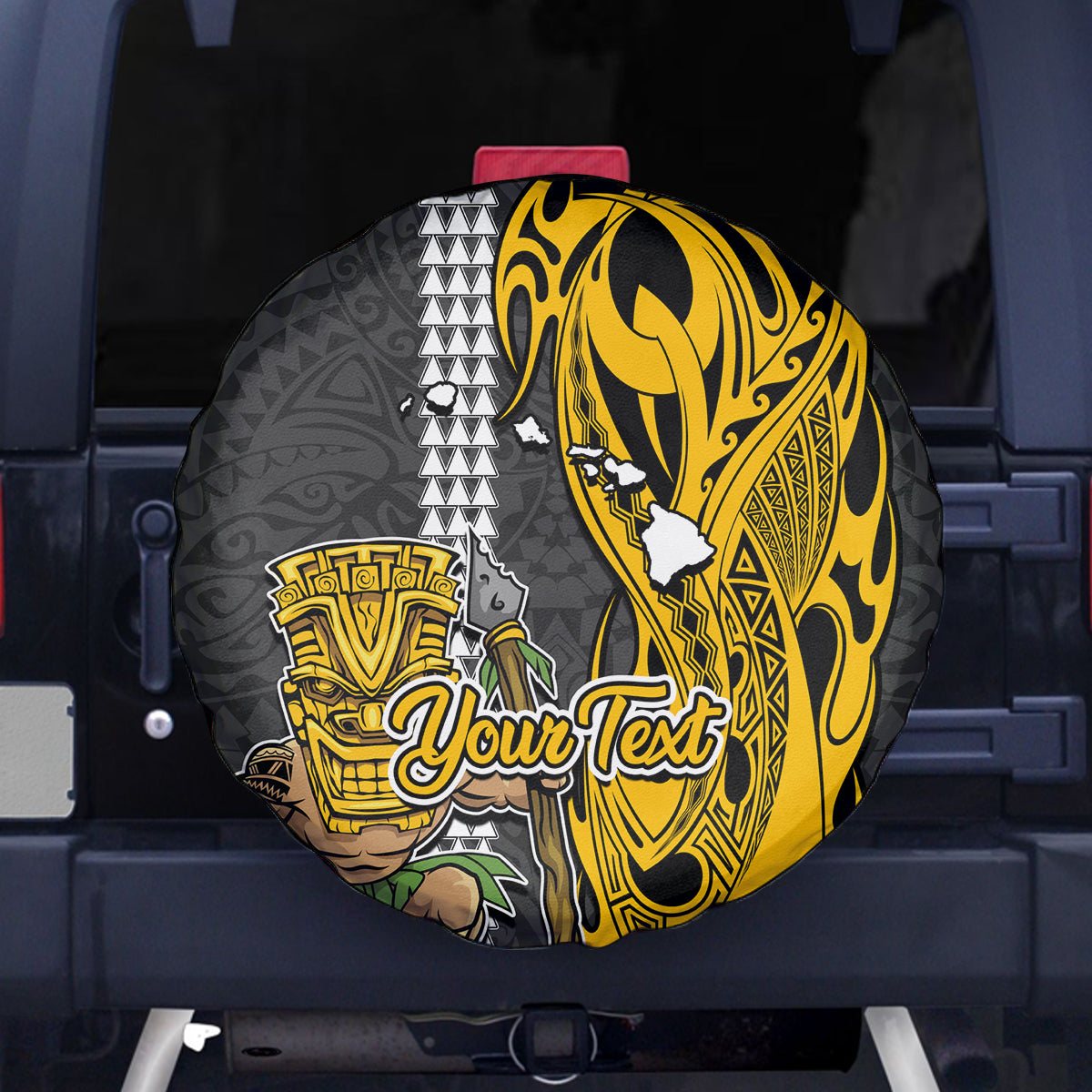 Custom Hawaii Island Spare Tire Cover Hawaiian Warrior and Kakau Symbols Abstract Tattoo LT03 Yellow - Polynesian Pride