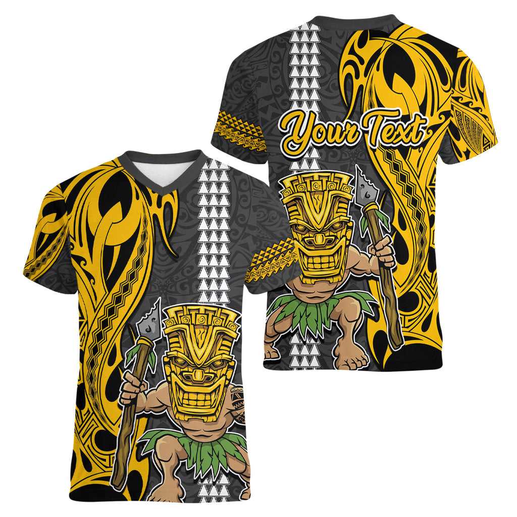 Custom Hawaii Island Women V Neck T Shirt Hawaiian Warrior and Kakau Symbols Abstract Tattoo LT03 - Polynesian Pride