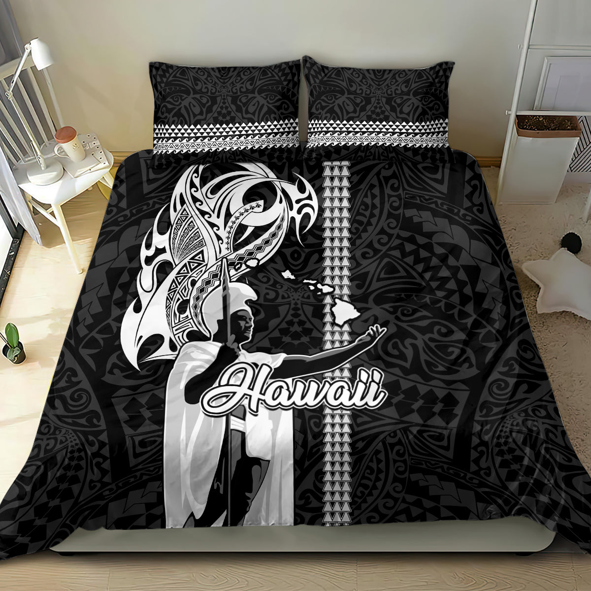 Hawaii Island Bedding Set Hawaiian King and Kakau Symbols Abstract Shoulder Tattoo LT03 - Polynesian Pride