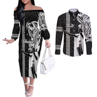 Hawaii Island Couples Matching Off The Shoulder Long Sleeve Dress and Long Sleeve Button Shirts Hawaiian King and Kakau Symbols Abstract Shoulder Tattoo LT03 Black - Polynesian Pride