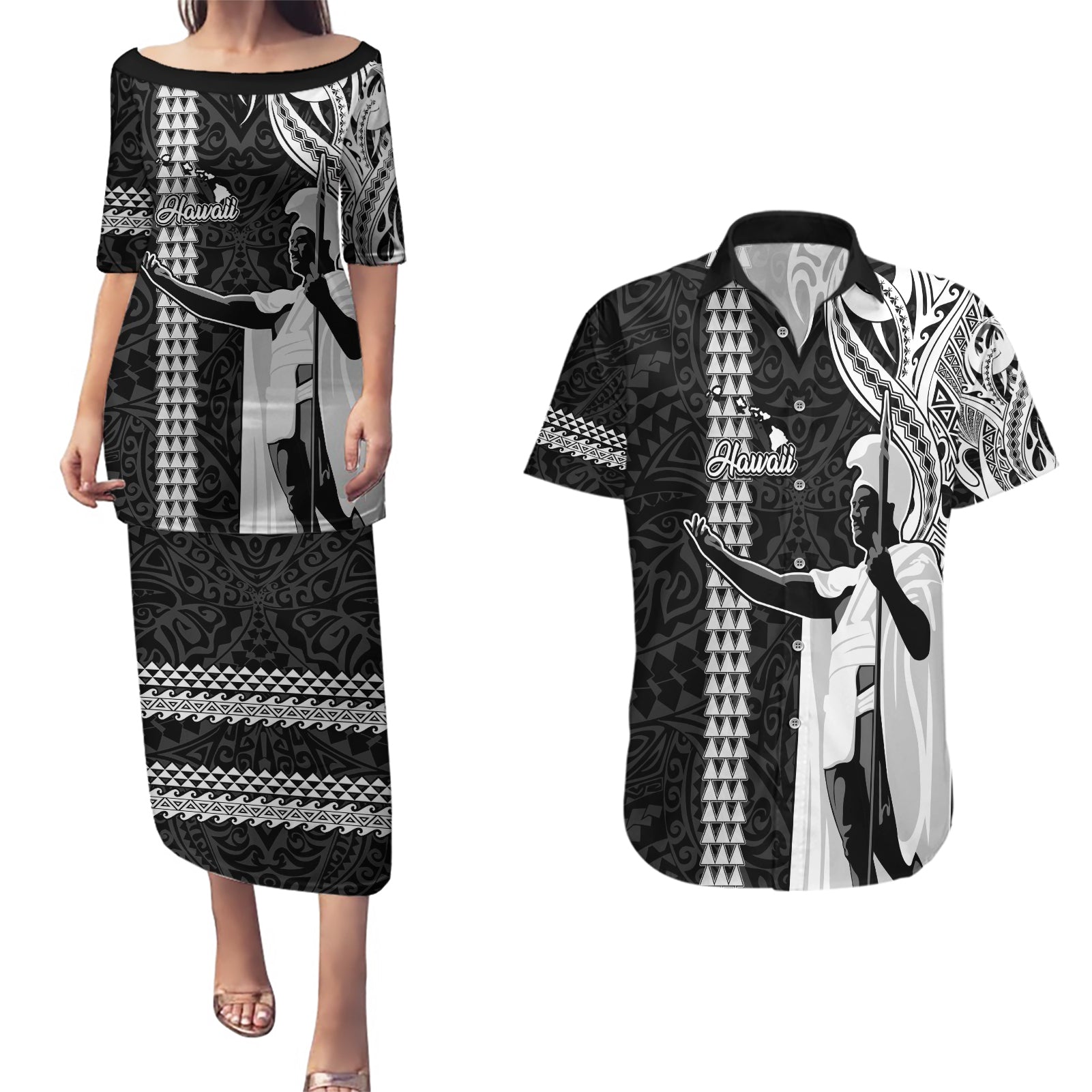 Hawaii Island Couples Matching Puletasi Dress and Hawaiian Shirt Hawaiian King and Kakau Symbols Abstract Shoulder Tattoo LT03 Black - Polynesian Pride