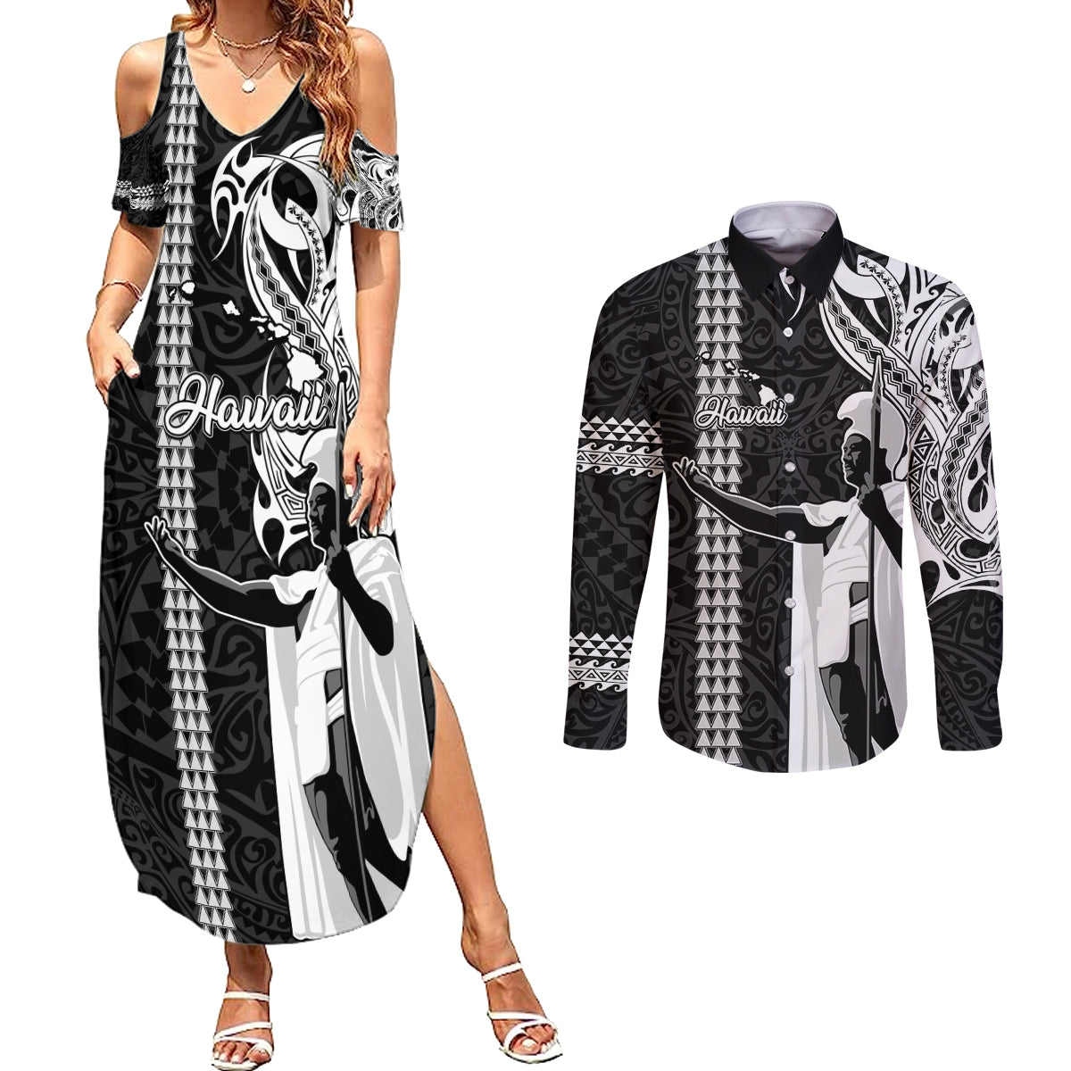 Hawaii Island Couples Matching Summer Maxi Dress and Long Sleeve Button Shirts Hawaiian King and Kakau Symbols Abstract Shoulder Tattoo LT03 Black - Polynesian Pride