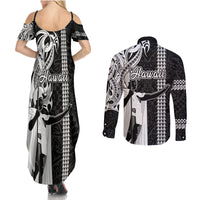 Hawaii Island Couples Matching Summer Maxi Dress and Long Sleeve Button Shirts Hawaiian King and Kakau Symbols Abstract Shoulder Tattoo LT03 - Polynesian Pride