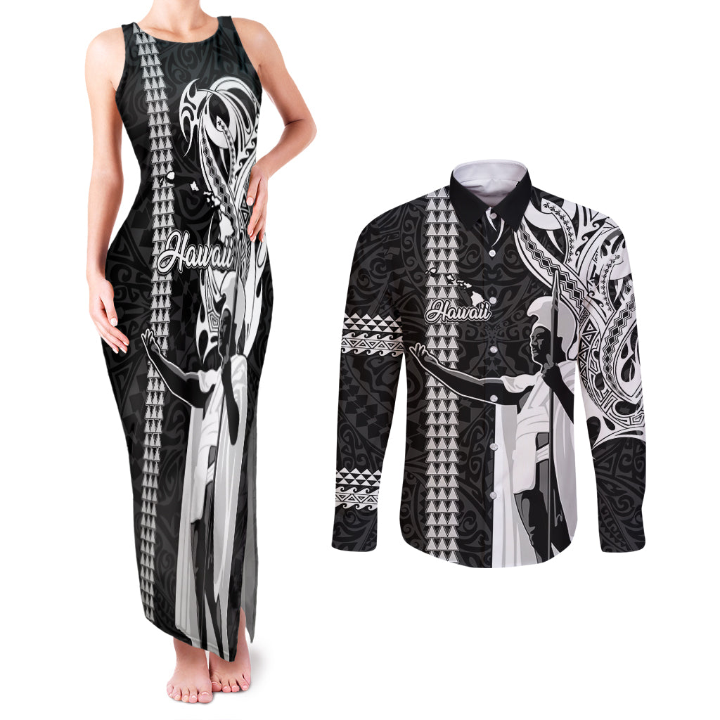 Hawaii Island Couples Matching Tank Maxi Dress and Long Sleeve Button Shirts Hawaiian King and Kakau Symbols Abstract Shoulder Tattoo LT03 Black - Polynesian Pride