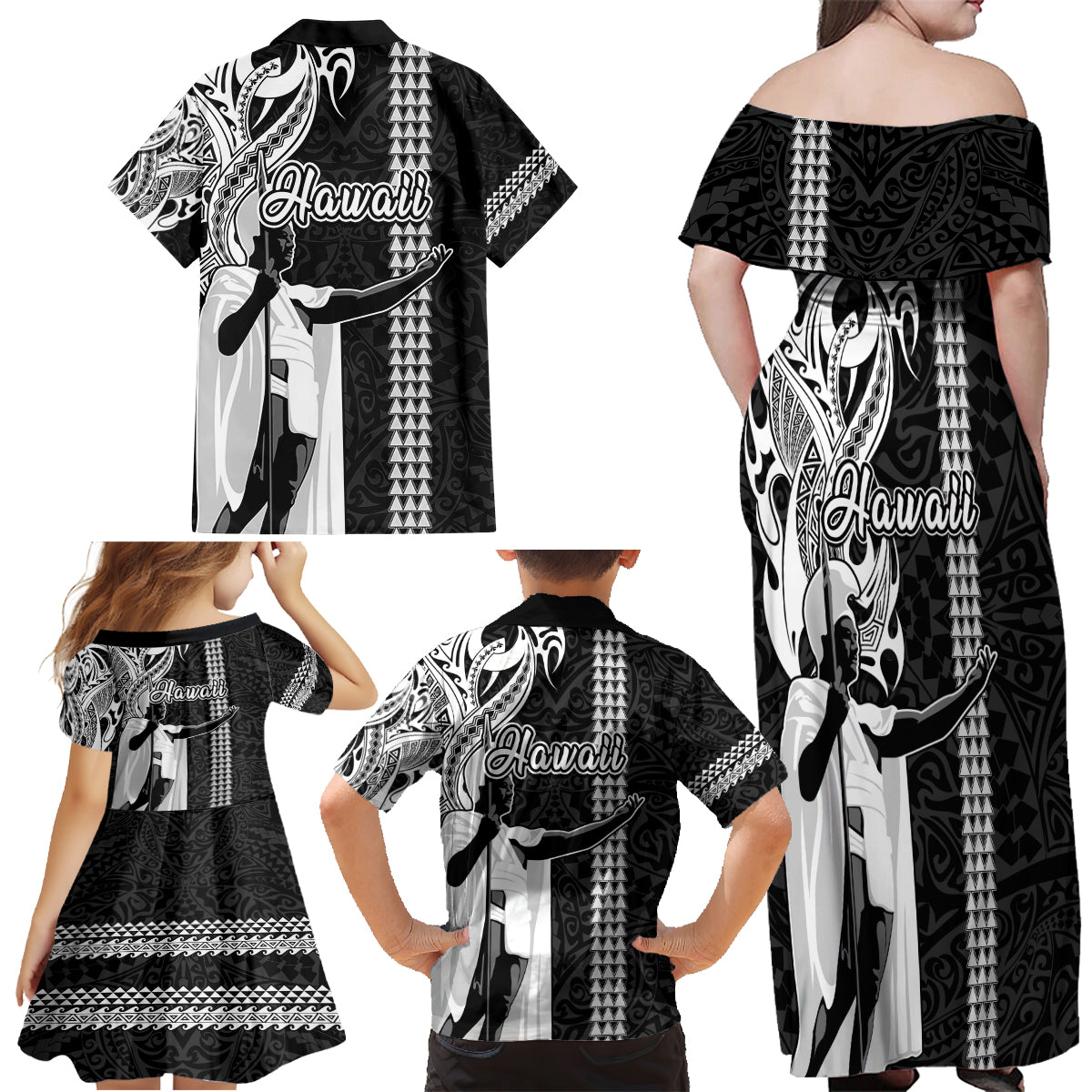 Hawaii Island Family Matching Off Shoulder Maxi Dress and Hawaiian Shirt Hawaiian King and Kakau Symbols Abstract Shoulder Tattoo LT03 - Polynesian Pride