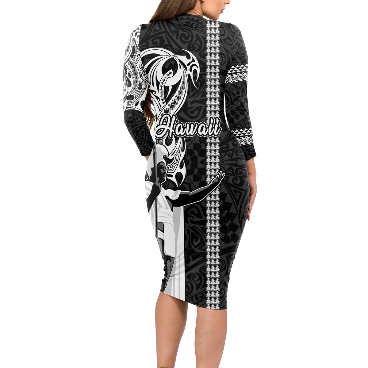 Hawaii Island Long Sleeve Bodycon Dress Hawaiian King and Kakau Symbols Abstract Shoulder Tattoo LT03 - Polynesian Pride