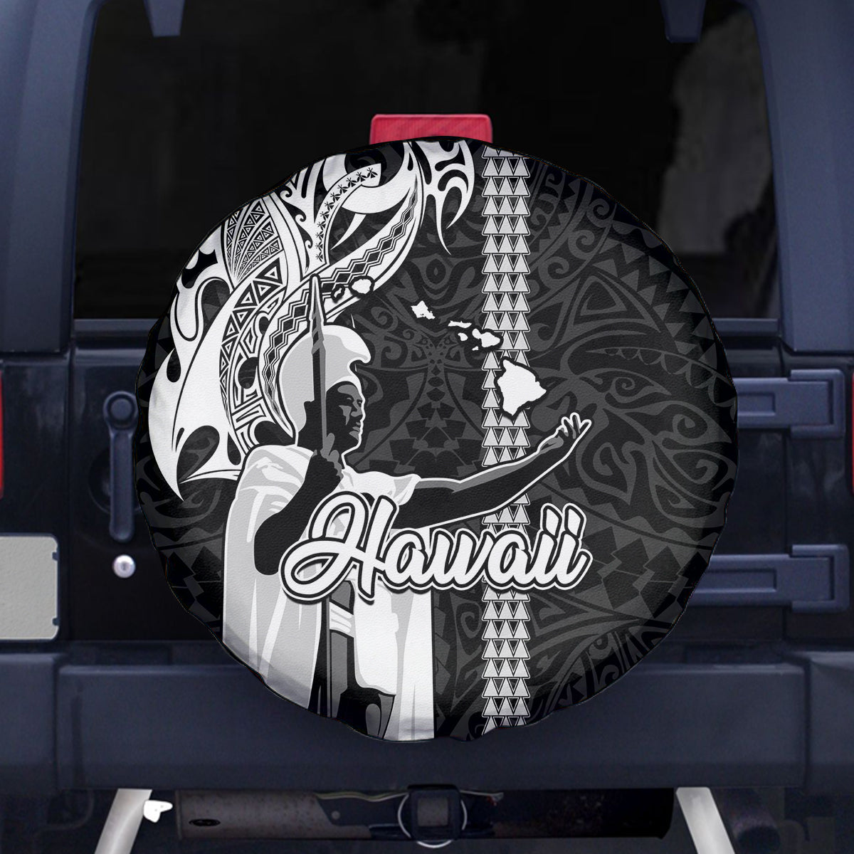 Hawaii Island Spare Tire Cover Hawaiian King and Kakau Symbols Abstract Shoulder Tattoo LT03 Black - Polynesian Pride