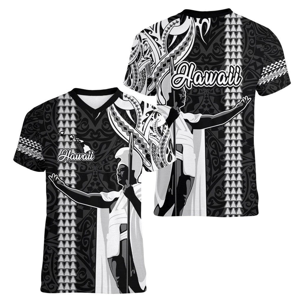 Hawaii Island Women V Neck T Shirt Hawaiian King and Kakau Symbols Abstract Shoulder Tattoo LT03 - Polynesian Pride