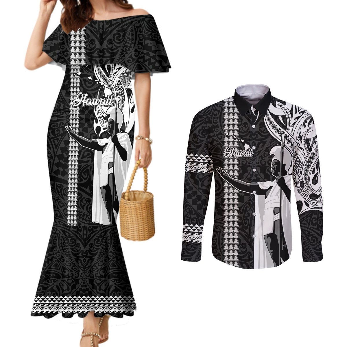 Custom Hawaii Island Couples Matching Mermaid Dress and Long Sleeve Button Shirts Hawaiian King and Kakau Symbols Abstract Shoulder Tattoo LT03 Black - Polynesian Pride