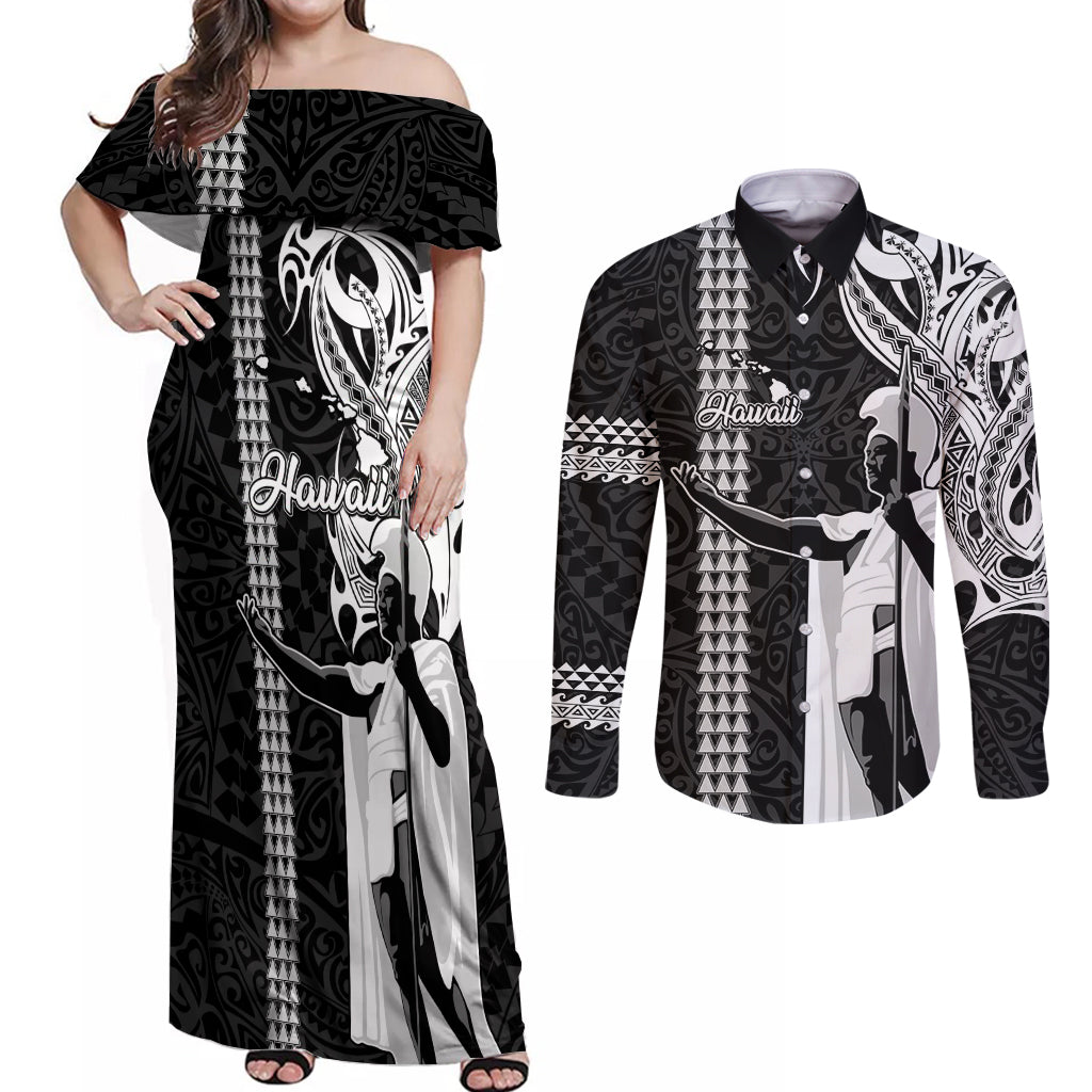 Custom Hawaii Island Couples Matching Off Shoulder Maxi Dress and Long Sleeve Button Shirts Hawaiian King and Kakau Symbols Abstract Shoulder Tattoo LT03 Black - Polynesian Pride