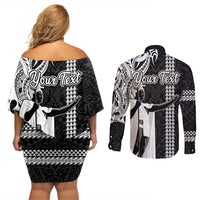Custom Hawaii Island Couples Matching Off Shoulder Short Dress and Long Sleeve Button Shirts Hawaiian King and Kakau Symbols Abstract Shoulder Tattoo LT03 - Polynesian Pride